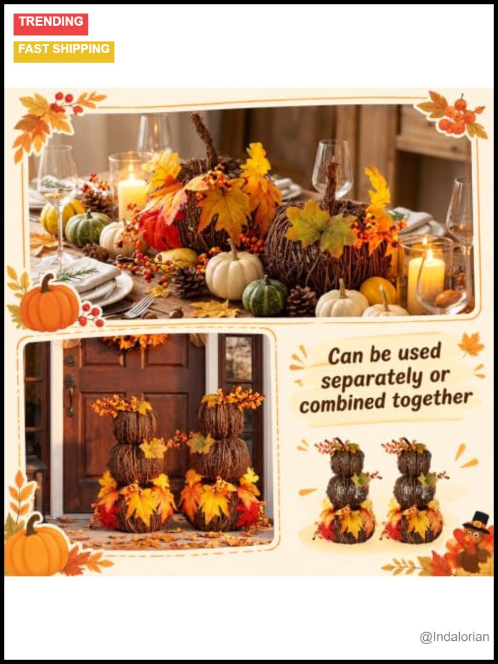 Wicker Rattan Pumpkin 3-Tier Stackable Fall Decor Set - Picture 3 of 6